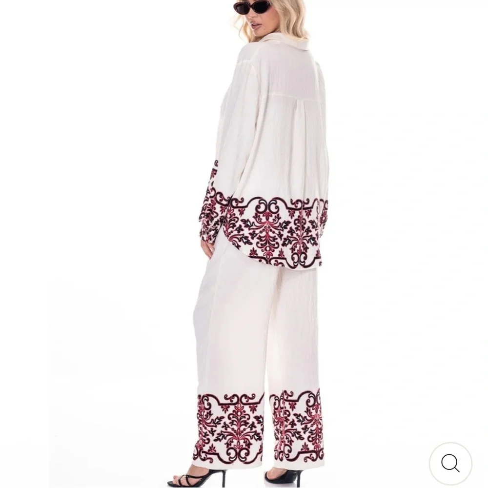 Elegant White and Red Embroidered 3 Piece Wide Leg Pant Set - Picture 2 of 4
